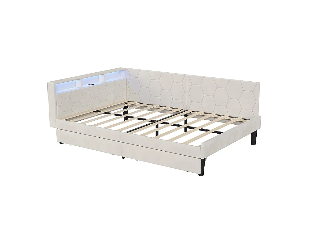 Lit rembourré 140 x 200 cm - Canapé-lit avec tête LED, ports de charge USB et Type-C - Cadre de lit avec 2 tiroirs de rangement - Velvet - Beige