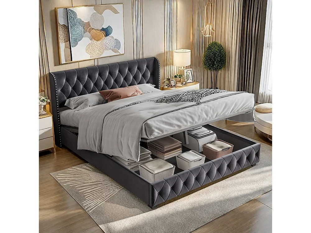 Lit rembourré 140 x 190 cm - Lit de rangement hydraulique avec tête d'aile à clous - Lit double avec cadre à lames - Matras non inclus - Velvet - gris