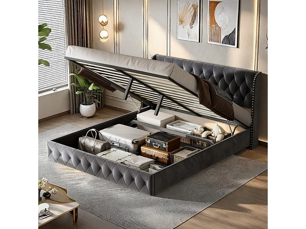 Lit rembourré 140 x 190 cm - Lit de rangement hydraulique avec tête d'aile à clous - Lit double avec cadre à lames - Matras non inclus - Velvet - gris