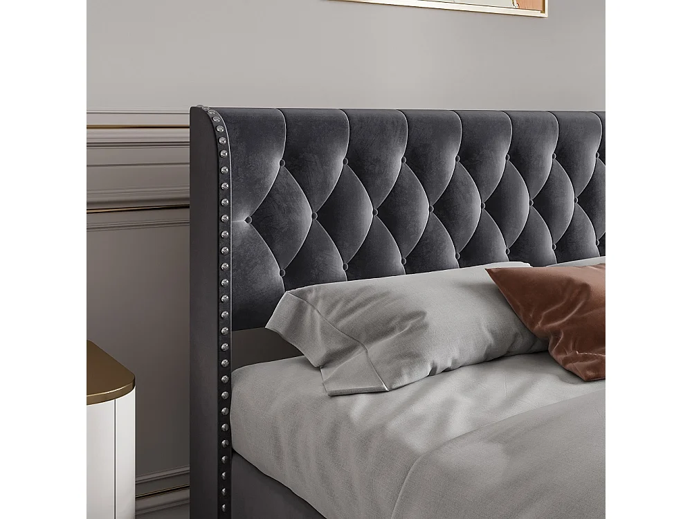 Lit rembourré 140 x 190 cm - Lit de rangement hydraulique avec tête d'aile à clous - Lit double avec cadre à lames - Matras non inclus - Velvet - gris