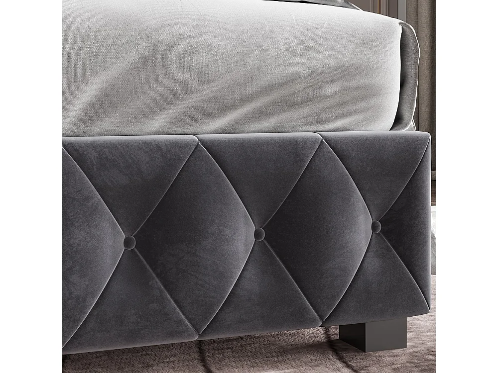 Lit rembourré 140 x 190 cm - Lit de rangement hydraulique avec tête d'aile à clous - Lit double avec cadre à lames - Matras non inclus - Velvet - gris