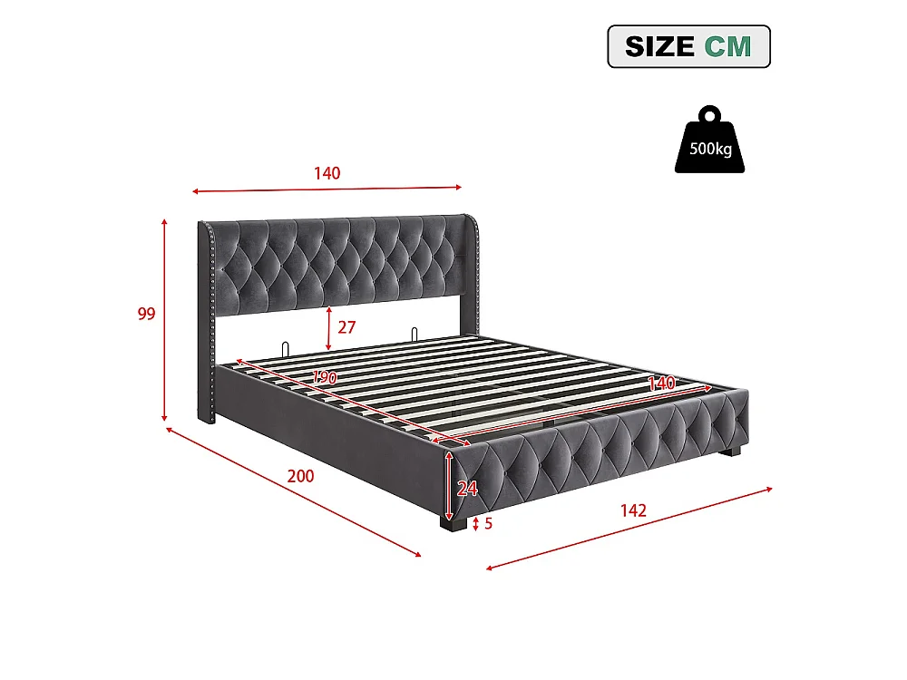 Lit rembourré 140 x 190 cm - Lit de rangement hydraulique avec tête d'aile à clous - Lit double avec cadre à lames - Matras non inclus - Velvet - gris