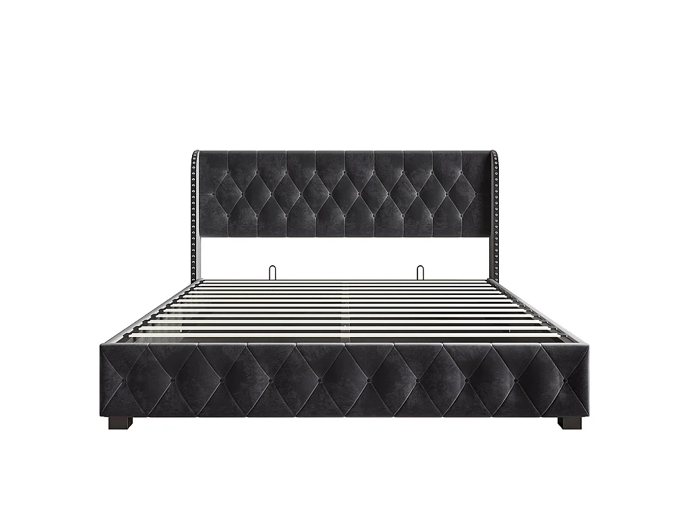Lit rembourré 140 x 190 cm - Lit de rangement hydraulique avec tête d'aile à clous - Lit double avec cadre à lames - Matras non inclus - Velvet - gris