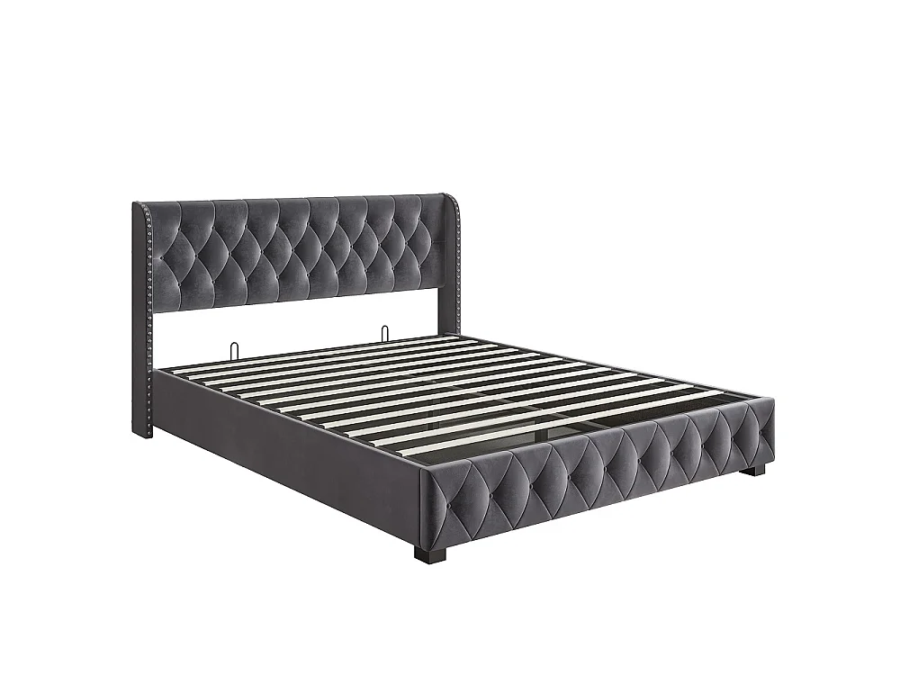 Lit rembourré 140 x 190 cm - Lit de rangement hydraulique avec tête d'aile à clous - Lit double avec cadre à lames - Matras non inclus - Velvet - gris