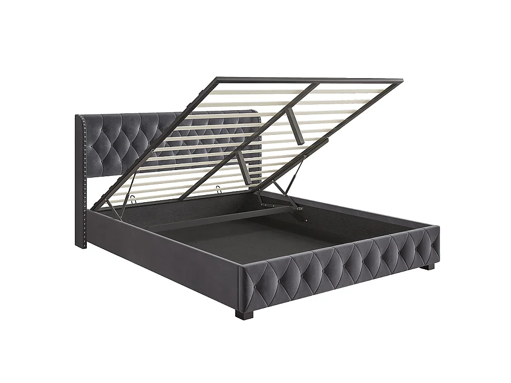Lit rembourré 140 x 190 cm - Lit de rangement hydraulique avec tête d'aile à clous - Lit double avec cadre à lames - Matras non inclus - Velvet - gris
