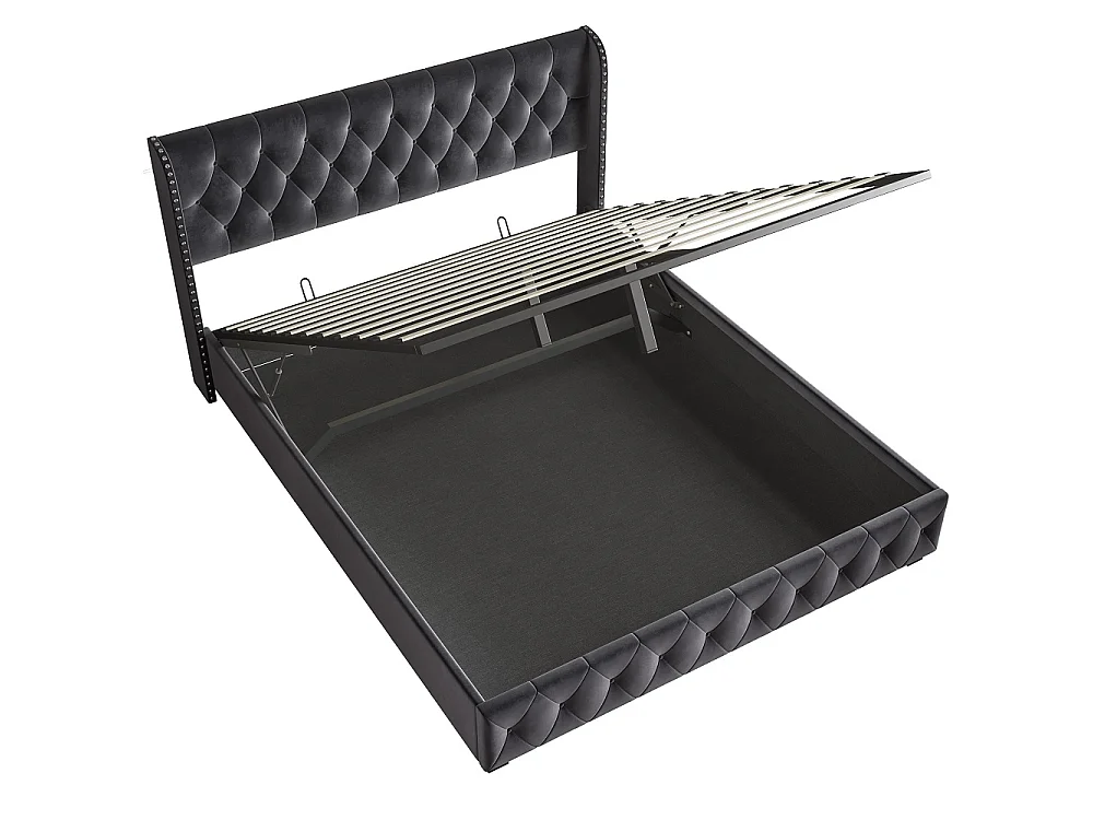 Lit rembourré 140 x 190 cm - Lit de rangement hydraulique avec tête d'aile à clous - Lit double avec cadre à lames - Matras non inclus - Velvet - gris