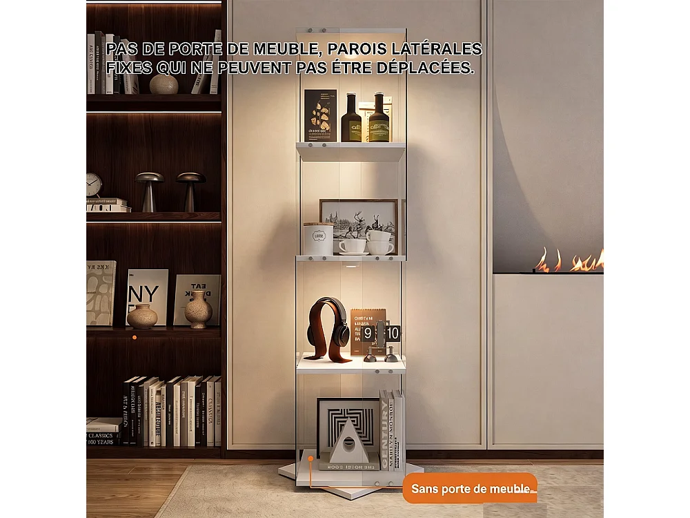 Étiquette d'affichage rotative avec LED - Cabinet de vitrine en verre à 4 niveaux - Étiquette de stockage à base rotative à 360° - Blanc