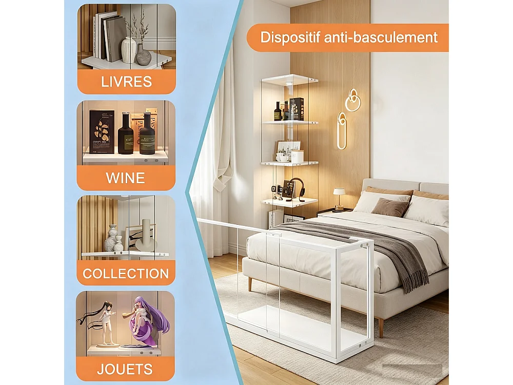 Étiquette d'affichage rotative avec LED - Cabinet de vitrine en verre à 4 niveaux - Étiquette de stockage à base rotative à 360° - Blanc