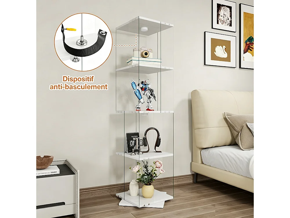 Étiquette d'affichage rotative avec LED - Cabinet de vitrine en verre à 4 niveaux - Étiquette de stockage à base rotative à 360° - Blanc