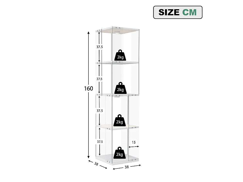 Étiquette d'affichage rotative avec LED - Cabinet de vitrine en verre à 4 niveaux - Étiquette de stockage à base rotative à 360° - Blanc