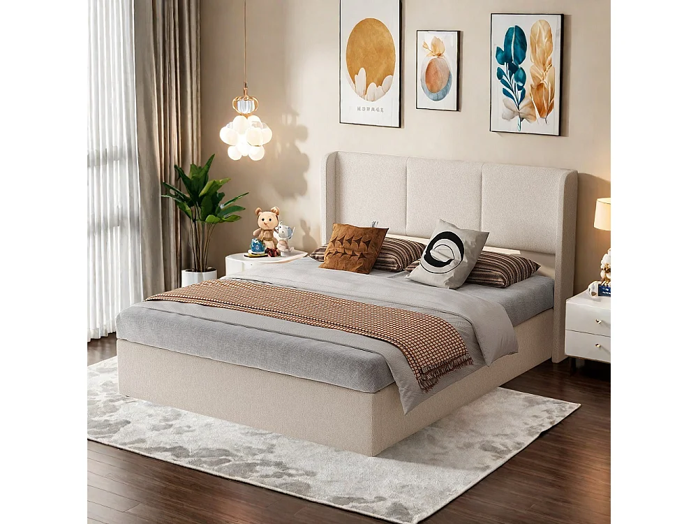 Lit rembourré 160 x 200 cm - Lit de rangement hydraulique avec tête d'aile - Lit de plateforme ascendante avec cadre en bois massif - Tissu de lin - Beige