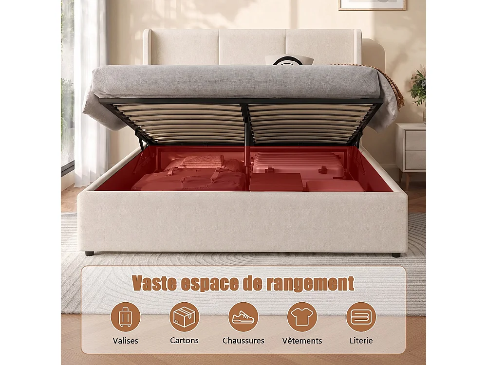 Lit rembourré 160 x 200 cm - Lit de rangement hydraulique avec tête d'aile - Lit de plateforme ascendante avec cadre en bois massif - Tissu de lin - Beige