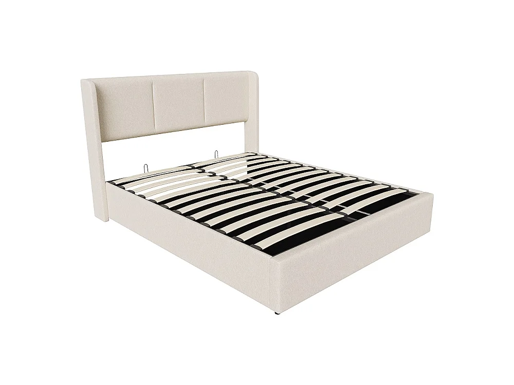Lit rembourré 160 x 200 cm - Lit de rangement hydraulique avec tête d'aile - Lit de plateforme ascendante avec cadre en bois massif - Tissu de lin - Beige