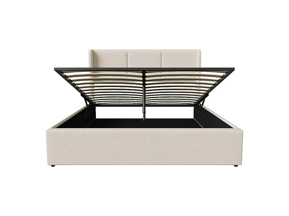 Lit rembourré 160 x 200 cm - Lit de rangement hydraulique avec tête d'aile - Lit de plateforme ascendante avec cadre en bois massif - Tissu de lin - Beige