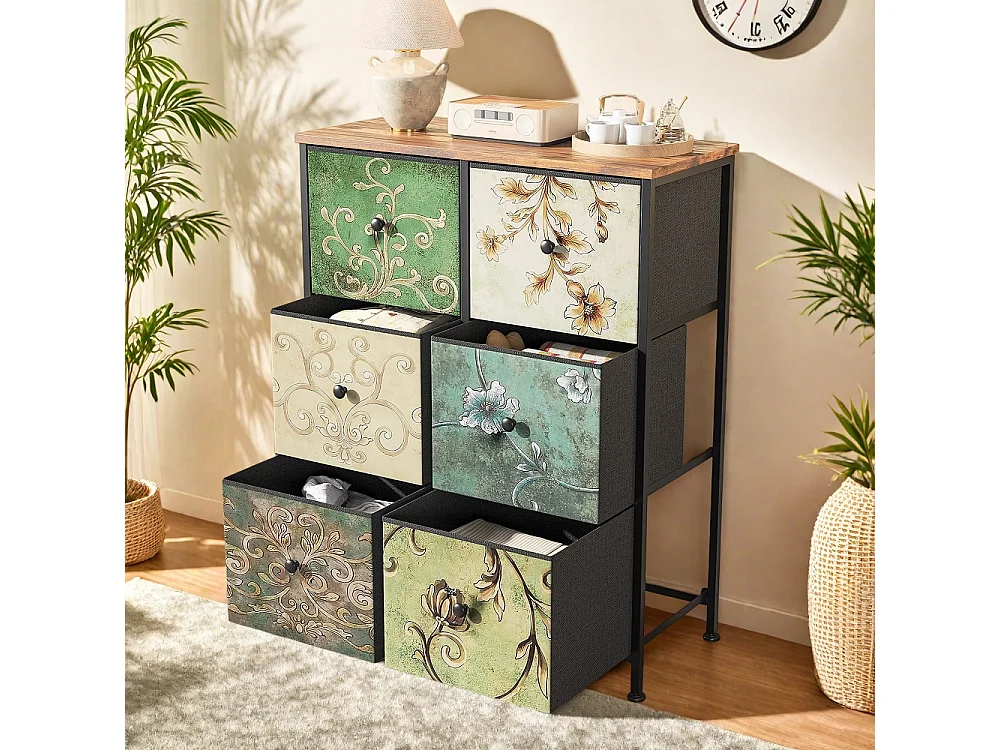Vintage Floral dresser avec 6 tiroirs en tissu - commode de stockage industriel - cadre métallique en bois top organisateur armoire pour chambre salon