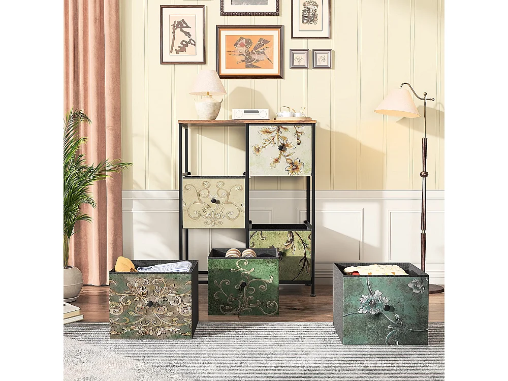Vintage Floral dresser avec 6 tiroirs en tissu - commode de stockage industriel - cadre métallique en bois top organisateur armoire pour chambre salon