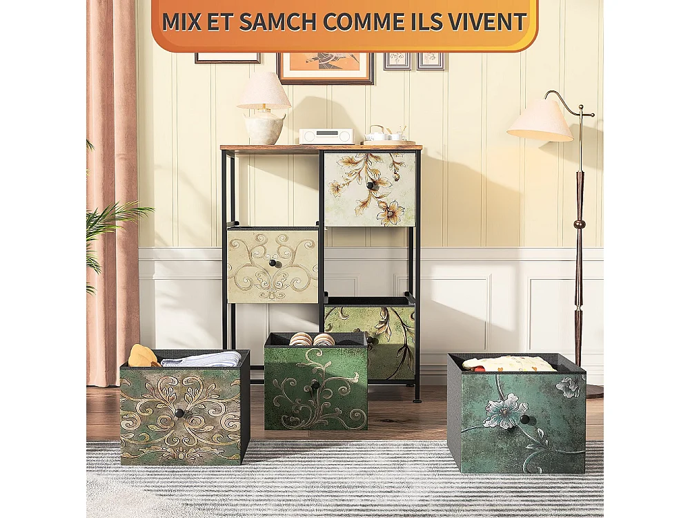 Vintage Floral dresser avec 6 tiroirs en tissu - commode de stockage industriel - cadre métallique en bois top organisateur armoire pour chambre salon