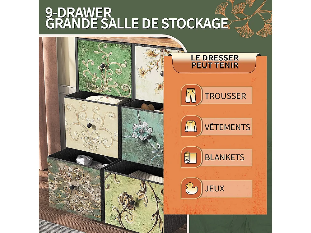 Vintage Floral dresser avec 6 tiroirs en tissu - commode de stockage industriel - cadre métallique en bois top organisateur armoire pour chambre salon