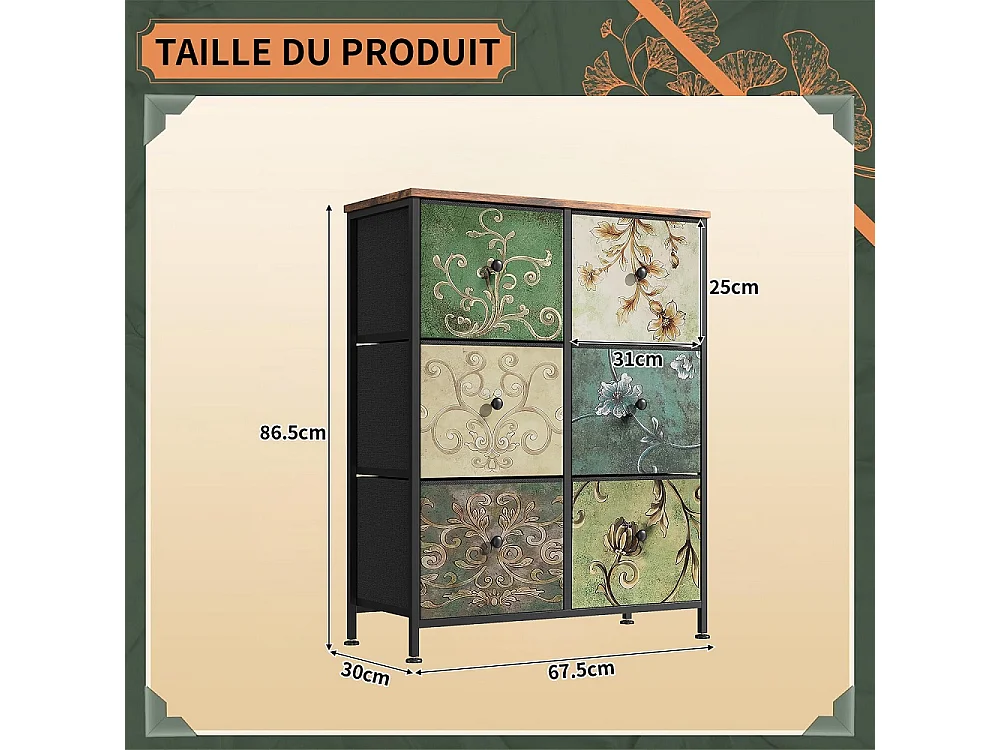 Vintage Floral dresser avec 6 tiroirs en tissu - commode de stockage industriel - cadre métallique en bois top organisateur armoire pour chambre salon