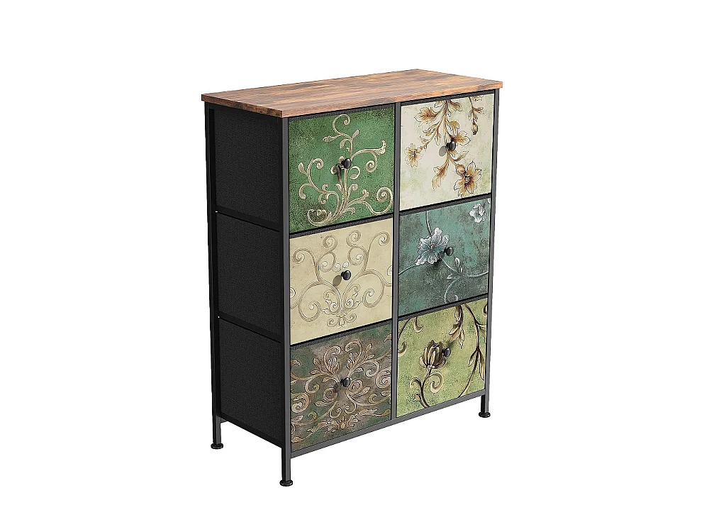 Vintage Floral dresser avec 6 tiroirs en tissu - commode de stockage industriel - cadre métallique en bois top organisateur armoire pour chambre salon