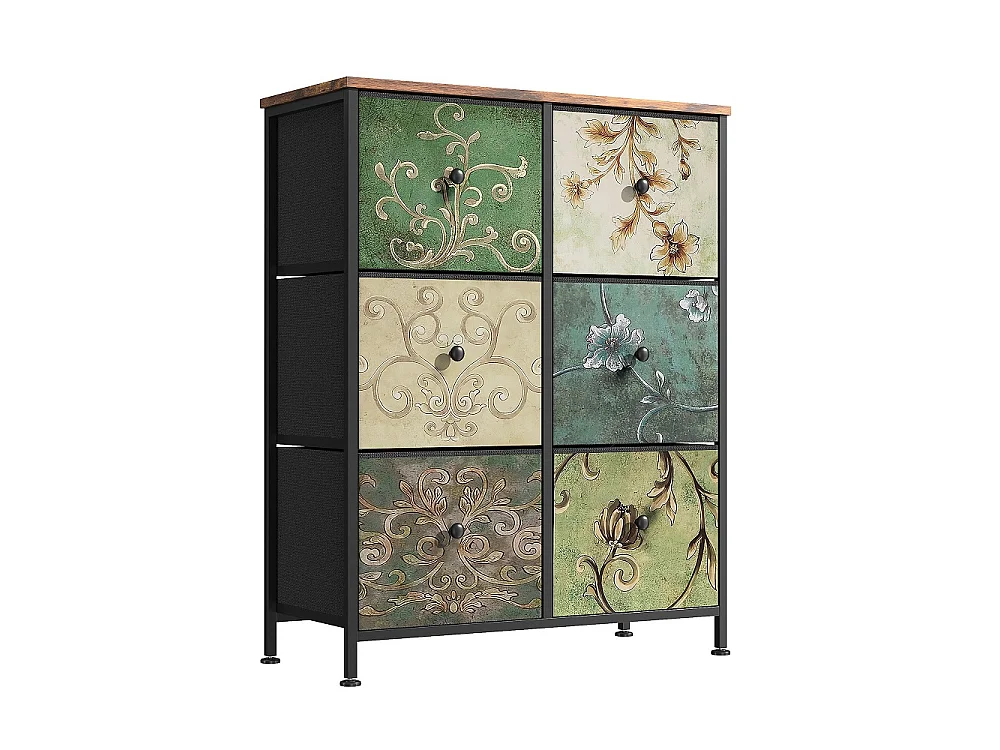 Vintage Floral dresser avec 6 tiroirs en tissu - commode de stockage industriel - cadre métallique en bois top organisateur armoire pour chambre salon