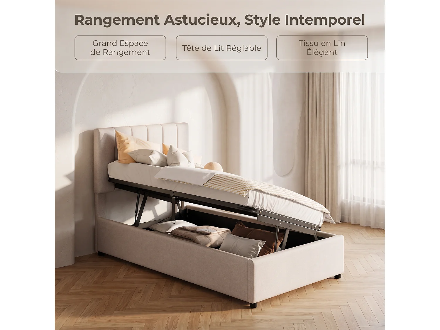 Lit Simple Capitonné 90x200cm, Caisson Surélevé, Lit Coffre à Rangement Hydraulique, Adapté aux Enfants et Adolescents, Tête de Lit Réglable en Hauteur, Lin, Beige