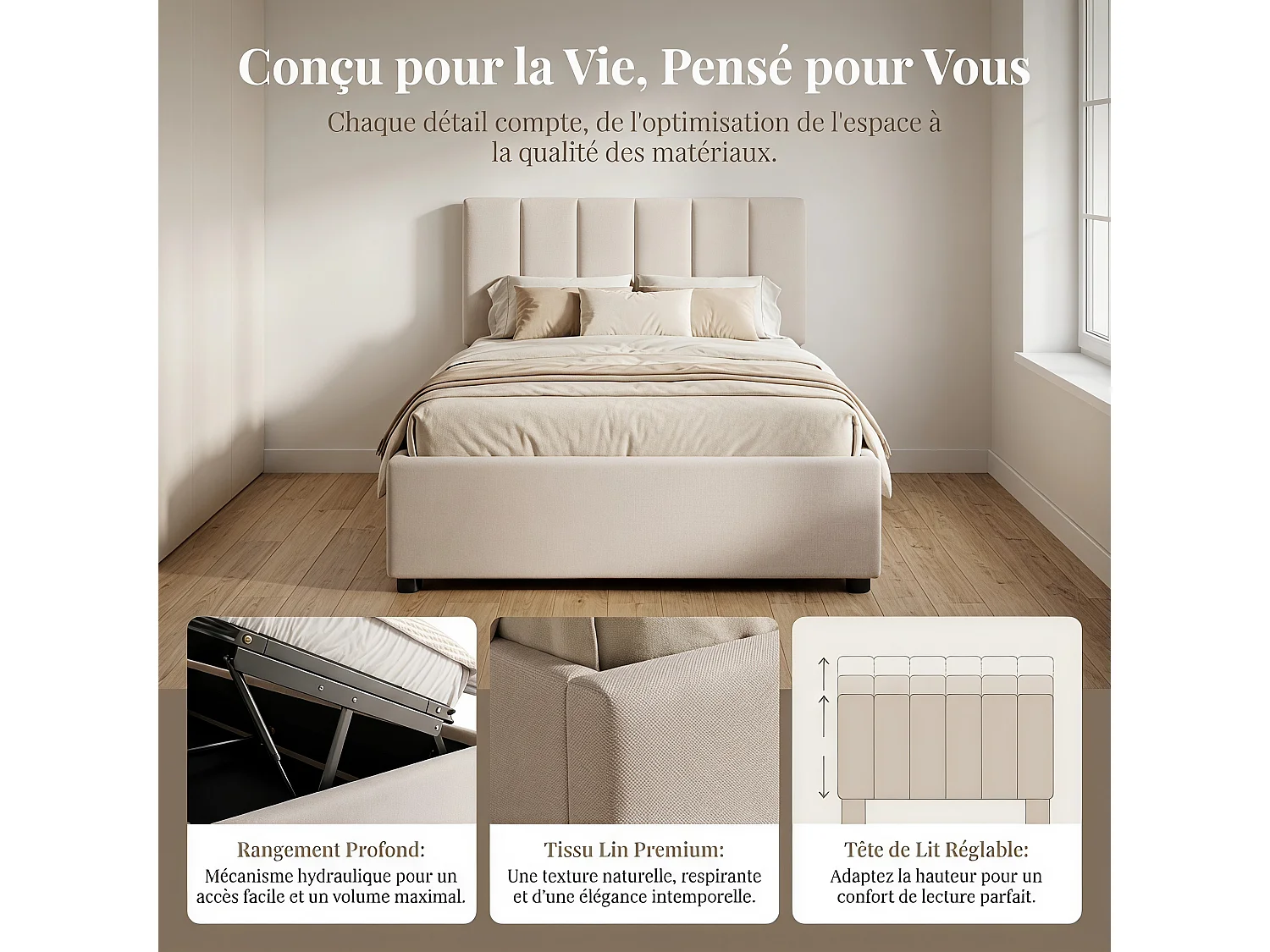 Lit Simple Capitonné 90x200cm, Caisson Surélevé, Lit Coffre à Rangement Hydraulique, Adapté aux Enfants et Adolescents, Tête de Lit Réglable en Hauteur, Lin, Beige