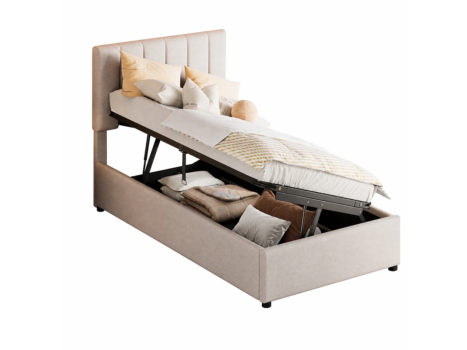 Lit Simple Capitonné 90x200cm, Caisson Surélevé, Lit Coffre à Rangement Hydraulique, Adapté aux Enfants et Adolescents, Tête de Lit Réglable en Hauteur, Lin, Beige