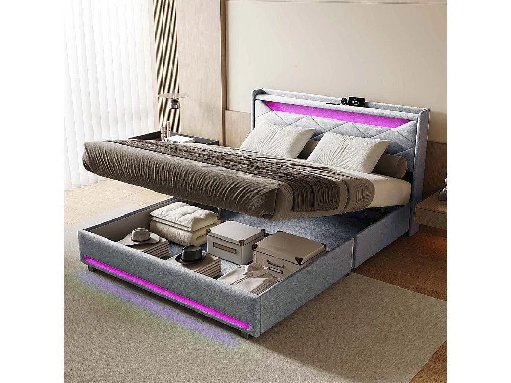 Lit rembourré 160 × 200 cm - Lit de stockage hydraulique avec port de recharge LED et USB - Lit double avec tête diamant - linge - Gris
