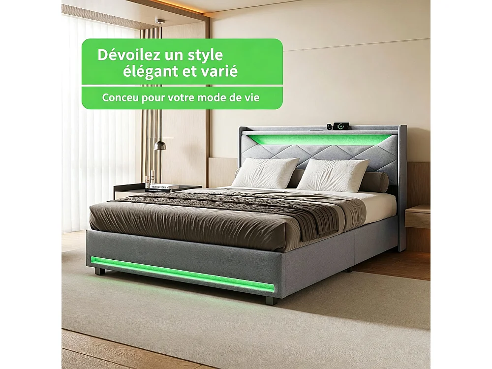 Lit rembourré 160 × 200 cm - Lit de stockage hydraulique avec port de recharge LED et USB - Lit double avec tête diamant - linge - Gris