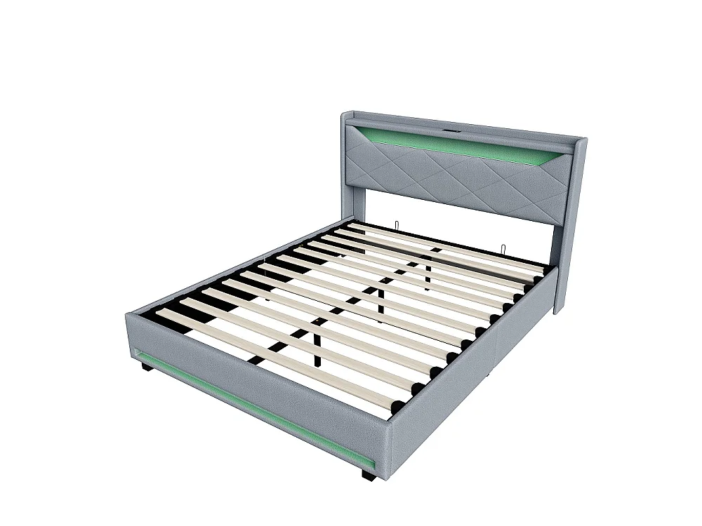 Lit rembourré 160 × 200 cm - Lit de stockage hydraulique avec port de recharge LED et USB - Lit double avec tête diamant - linge - Gris