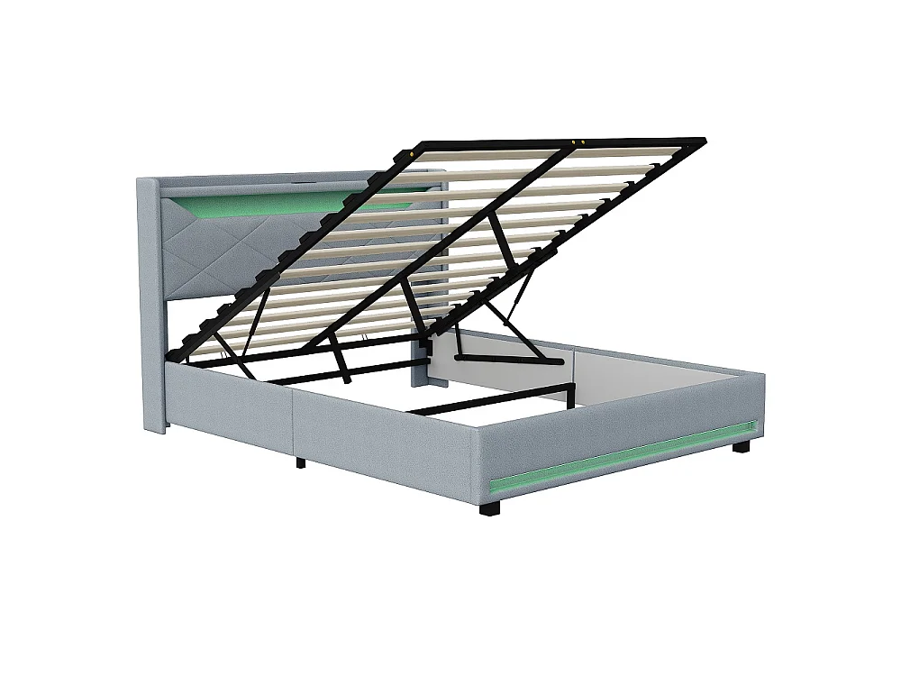 Lit rembourré 160 × 200 cm - Lit de stockage hydraulique avec port de recharge LED et USB - Lit double avec tête diamant - linge - Gris
