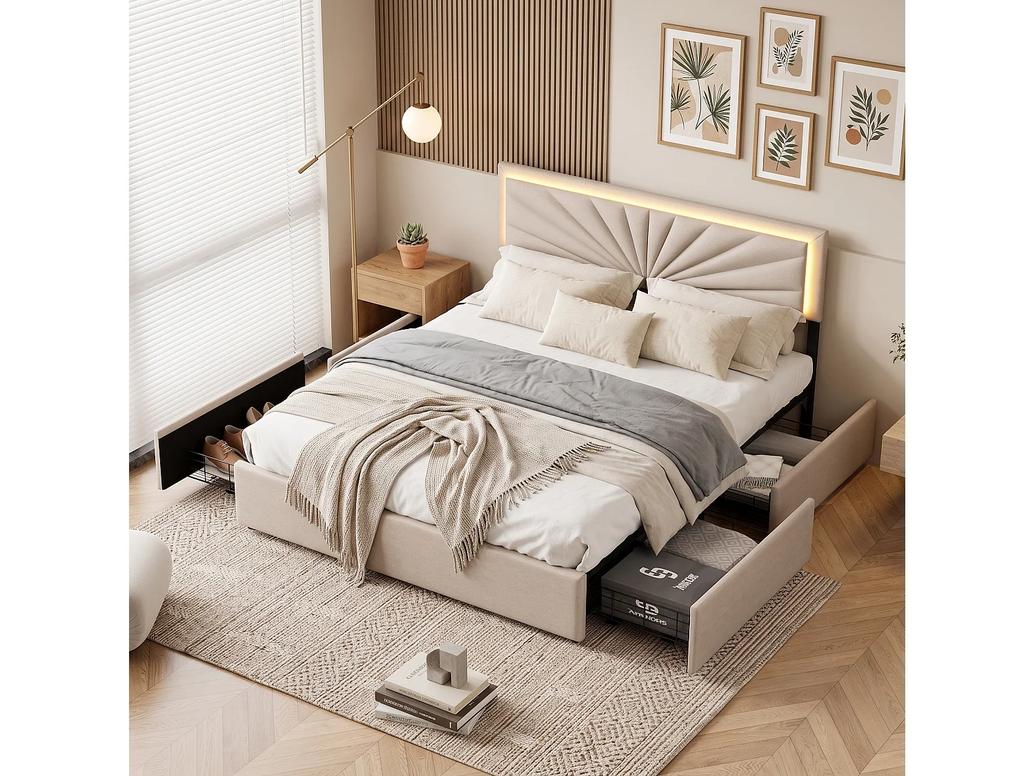 Lit Double avec rangement 160x200 cm, 4 Tiroirs de rangement encadrés en métal, Tête de Lit Réglable avec LED, Lit Rembourré Adulte, Sommier à Lattes, Beige, Lin