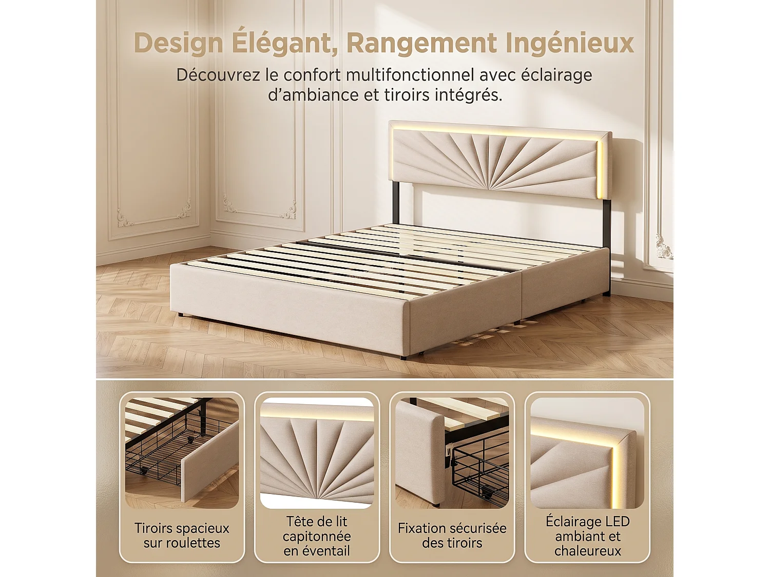 Lit Double avec rangement 160x200 cm, 4 Tiroirs de rangement encadrés en métal, Tête de Lit Réglable avec LED, Lit Rembourré Adulte, Sommier à Lattes, Beige, Lin