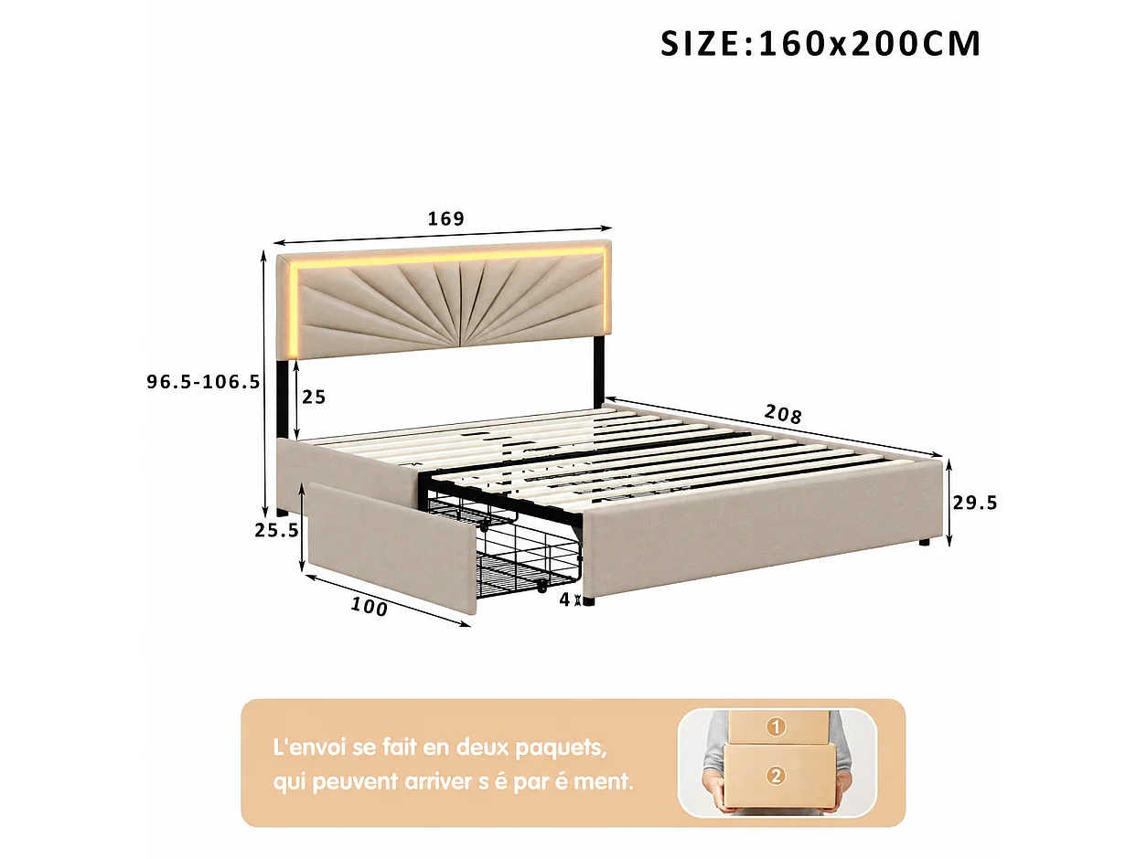 Lit Double avec rangement 160x200 cm, 4 Tiroirs de rangement encadrés en métal, Tête de Lit Réglable avec LED, Lit Rembourré Adulte, Sommier à Lattes, Beige, Lin