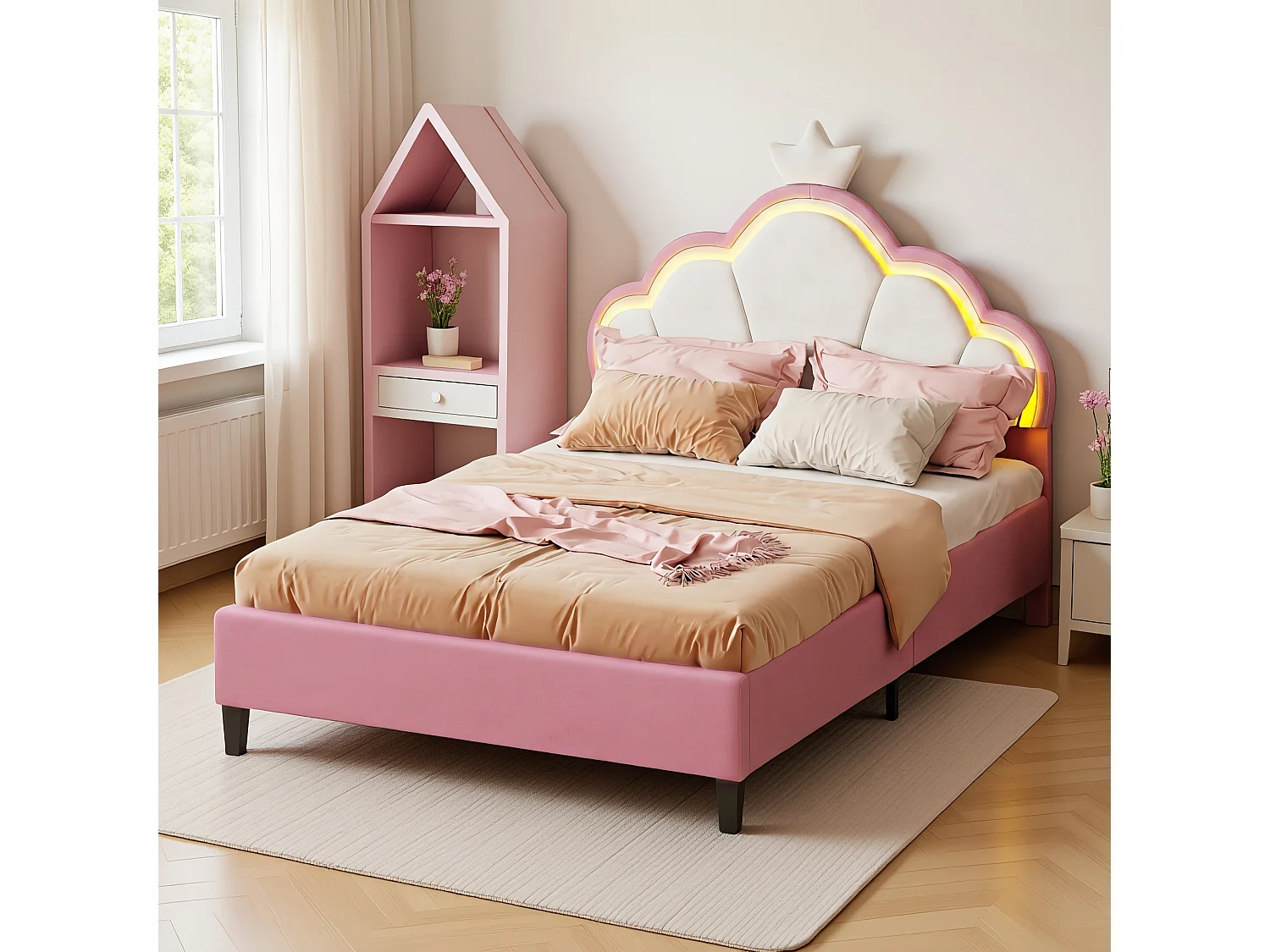 Lit Enfant Capitonnée 90x200 cm, Tête de Lit Rembourrée Réglable en Hauteur, avec LED , Style Scandinave, Lit Simple pour Fille, Sommier à Lattes, Velours, Rose