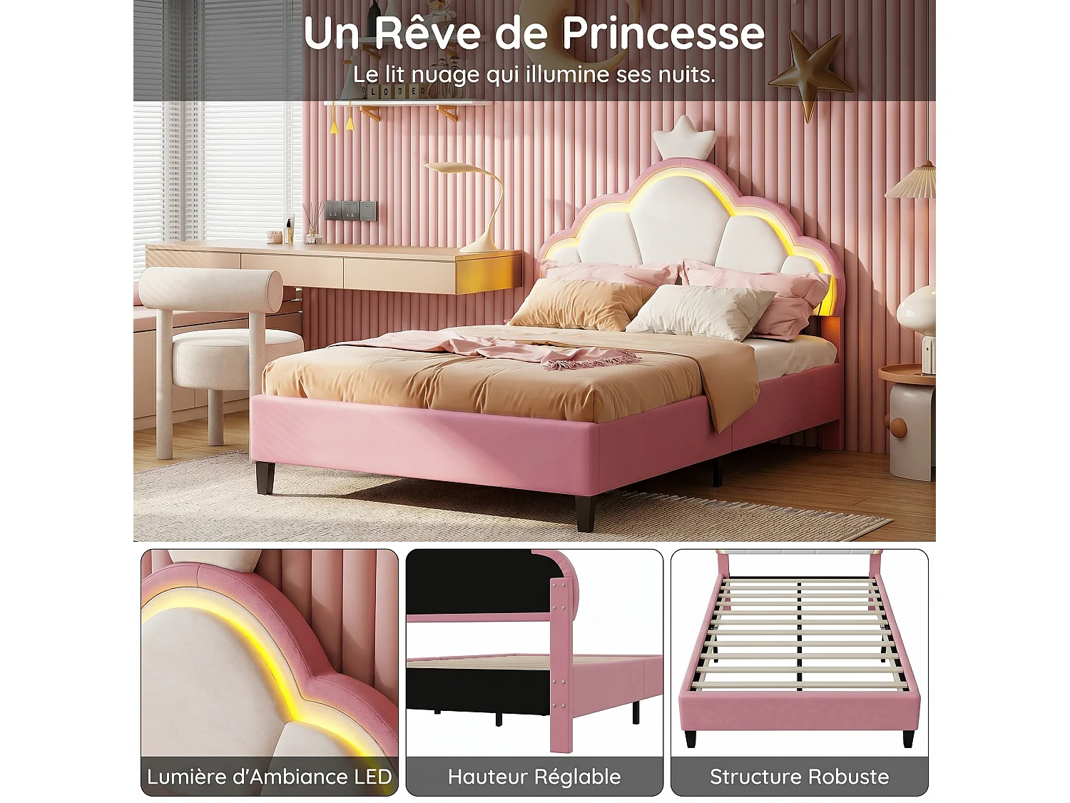 Lit Enfant Capitonnée 90x200 cm, Tête de Lit Rembourrée Réglable en Hauteur, avec LED , Style Scandinave, Lit Simple pour Fille, Sommier à Lattes, Velours, Rose