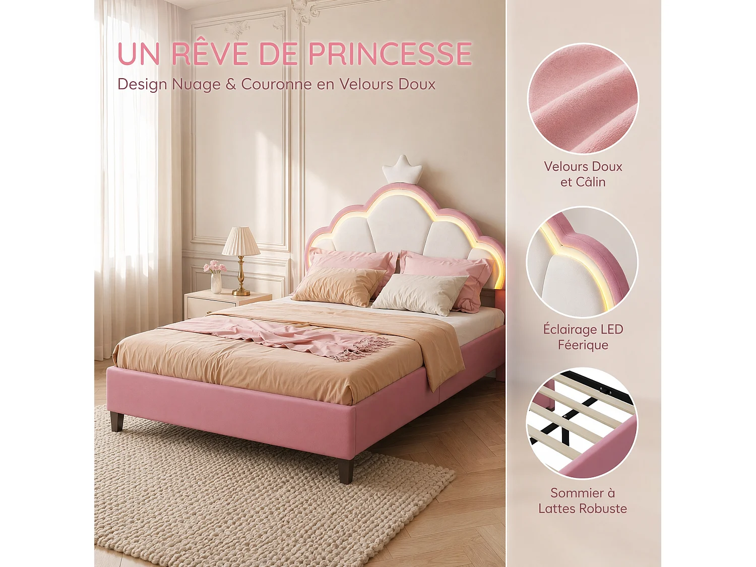 Lit Enfant Capitonnée 90x200 cm, Tête de Lit Rembourrée Réglable en Hauteur, avec LED , Style Scandinave, Lit Simple pour Fille, Sommier à Lattes, Velours, Rose