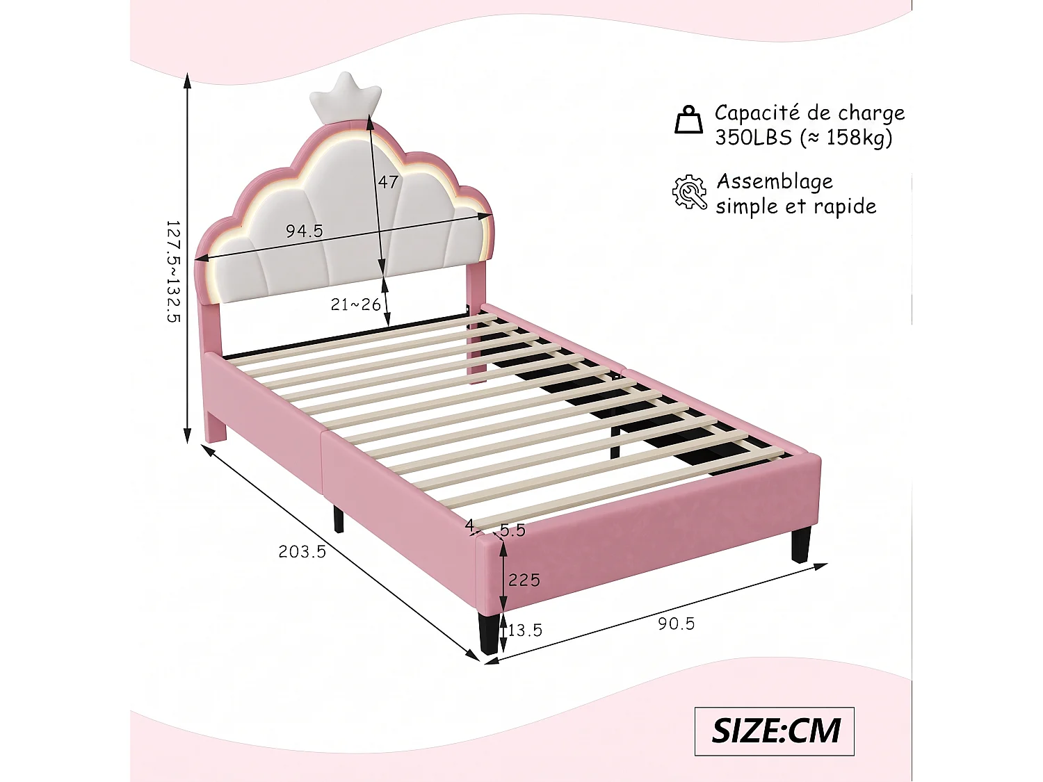 Lit Enfant Capitonnée 90x200 cm, Tête de Lit Rembourrée Réglable en Hauteur, avec LED , Style Scandinave, Lit Simple pour Fille, Sommier à Lattes, Velours, Rose