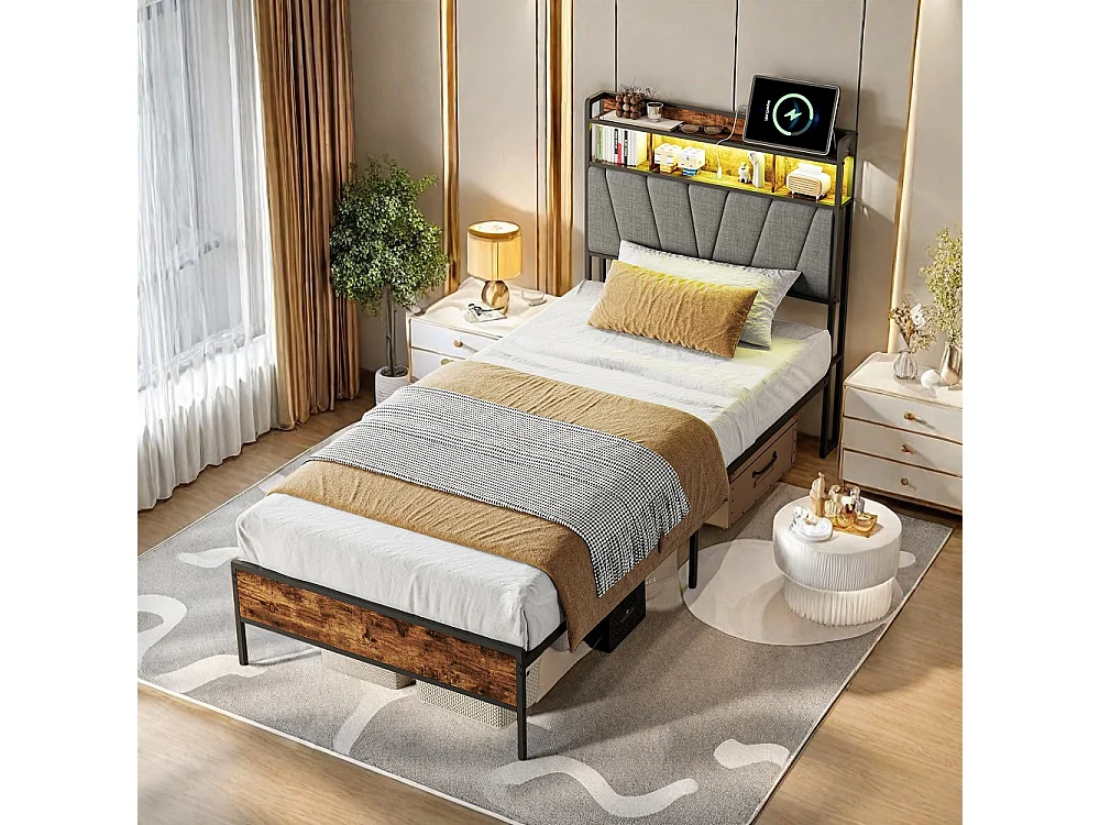 Cadre de lit Plateforme métallique 90 x 200 cm - Lit rembourré avec tête de rangement et LED et USB & Type-C - Lit double avec cadre à lames - linge - gris