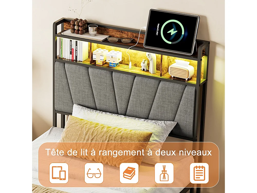 Cadre de lit Plateforme métallique 90 x 200 cm - Lit rembourré avec tête de rangement et LED et USB & Type-C - Lit double avec cadre à lames - linge - gris