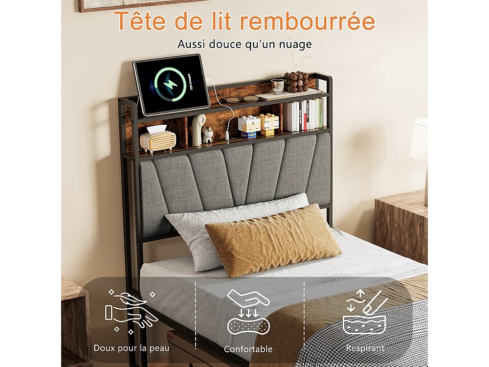 Cadre de lit Plateforme métallique 90 x 200 cm - Lit rembourré avec tête de rangement et LED et USB & Type-C - Lit double avec cadre à lames - linge - gris