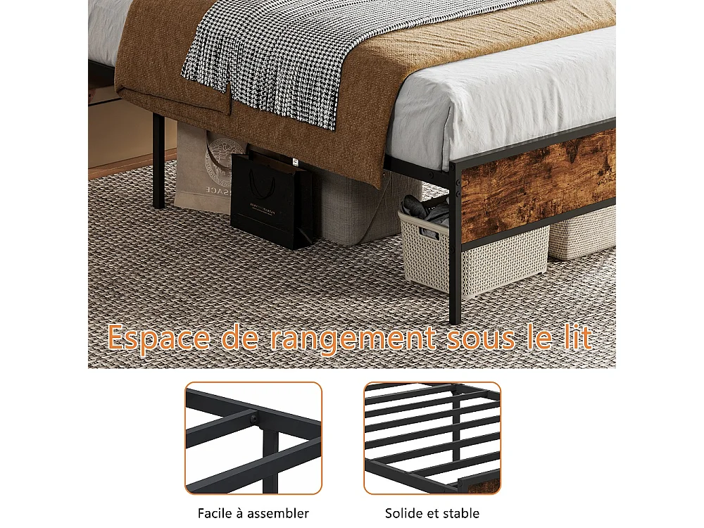 Cadre de lit Plateforme métallique 90 x 200 cm - Lit rembourré avec tête de rangement et LED et USB & Type-C - Lit double avec cadre à lames - linge - gris