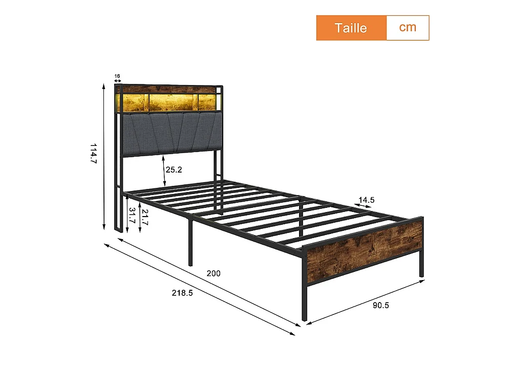 Cadre de lit Plateforme métallique 90 x 200 cm - Lit rembourré avec tête de rangement et LED et USB & Type-C - Lit double avec cadre à lames - linge - gris
