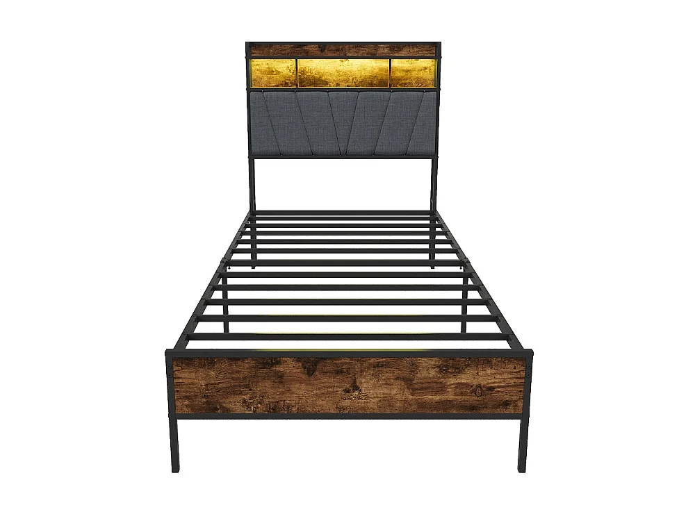 Cadre de lit Plateforme métallique 90 x 200 cm - Lit rembourré avec tête de rangement et LED et USB & Type-C - Lit double avec cadre à lames - linge - gris