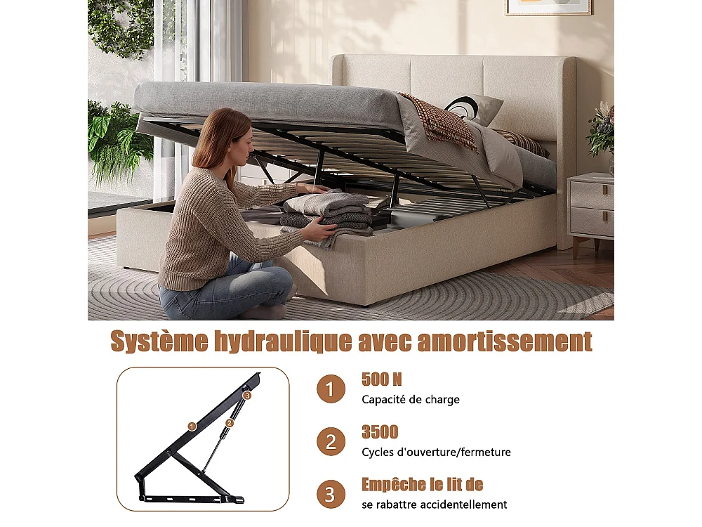 Lit rembourré 140 x 190 cm - Lit de rangement hydraulique avec tête d'aile - Lit de plateforme ascendante avec cadre en bois massif - Tissu de lin - Beige