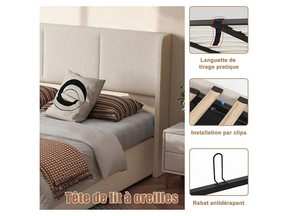 Lit rembourré 140 x 190 cm - Lit de rangement hydraulique avec tête d'aile - Lit de plateforme ascendante avec cadre en bois massif - Tissu de lin - Beige
