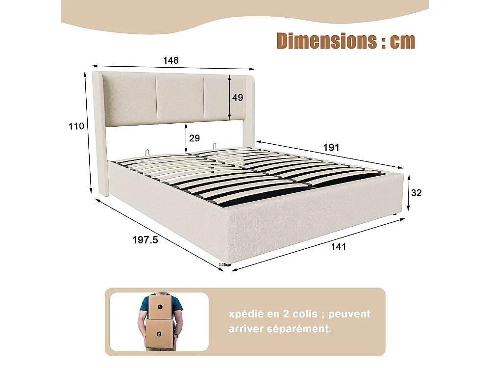 Lit rembourré 140 x 190 cm - Lit de rangement hydraulique avec tête d'aile - Lit de plateforme ascendante avec cadre en bois massif - Tissu de lin - Beige