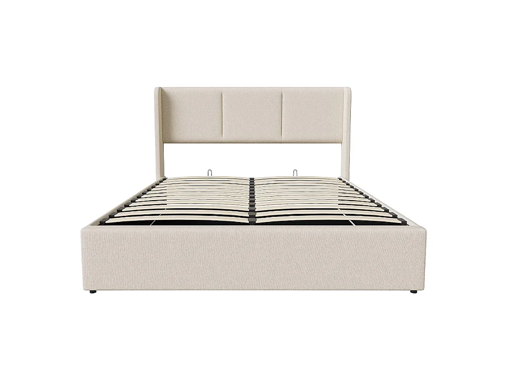 Lit rembourré 140 x 190 cm - Lit de rangement hydraulique avec tête d'aile - Lit de plateforme ascendante avec cadre en bois massif - Tissu de lin - Beige