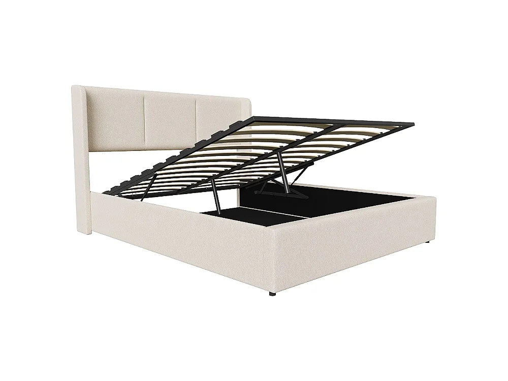 Lit rembourré 140 x 190 cm - Lit de rangement hydraulique avec tête d'aile - Lit de plateforme ascendante avec cadre en bois massif - Tissu de lin - Beige